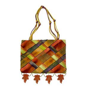 Courtney Taylor Satin Woven Acrylic Leaf Fall Art to Wear Mini Purse Satchel